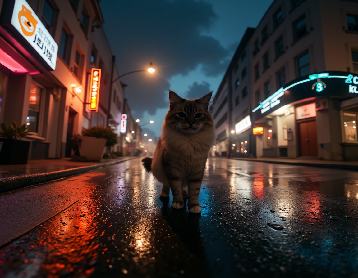 Cat walks through an illuminated cityscape, surrounded by vibrant lights and a serene vibe.